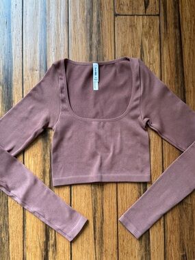 Square Neck Ribbed Long Sleeve Crop Top - Mauve